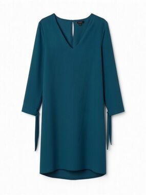 Halogen Teal V-Neck Tie-Cuff Long Sleeve Dress